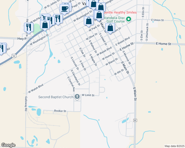 map of restaurants, bars, coffee shops, grocery stores, and more near 602 West Bland Street in Vandalia