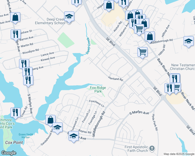 map of restaurants, bars, coffee shops, grocery stores, and more near 1358 Sugarwood Circle in Essex
