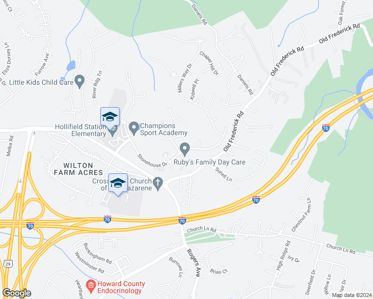 map of restaurants, bars, coffee shops, grocery stores, and more near Stonehouse Drive in Ellicott City