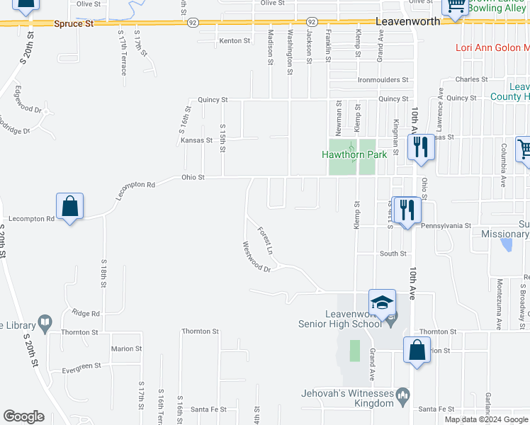 map of restaurants, bars, coffee shops, grocery stores, and more near 1300-1399 Stonleigh Court in Leavenworth