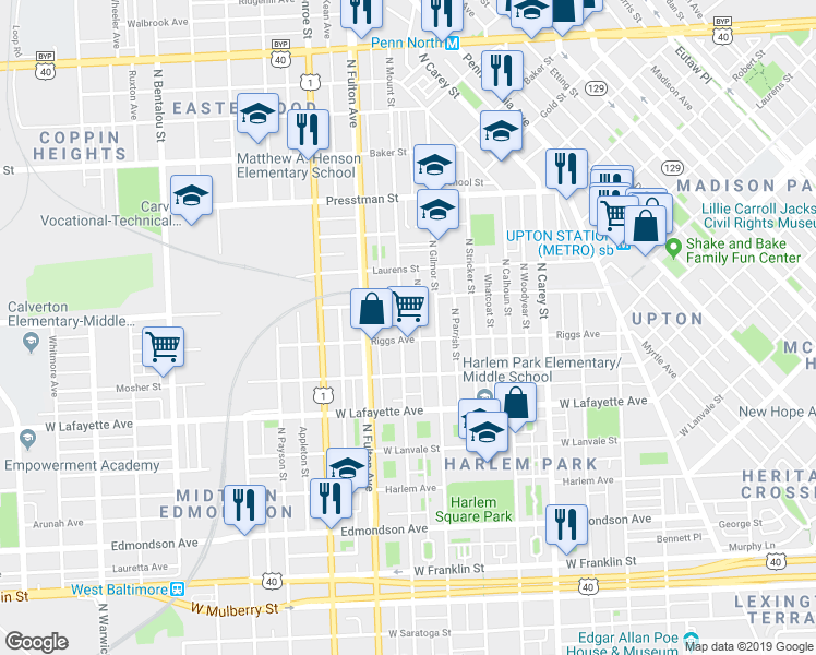 map of restaurants, bars, coffee shops, grocery stores, and more near 1117 North Mount Street in Baltimore