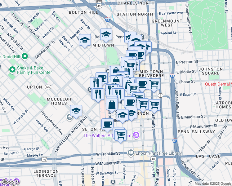 map of restaurants, bars, coffee shops, grocery stores, and more near 241 West Chase Street in Baltimore