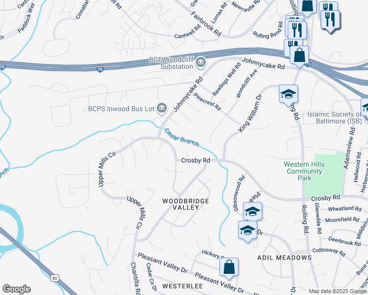 map of restaurants, bars, coffee shops, grocery stores, and more near 8 Dwelling House Court in Catonsville