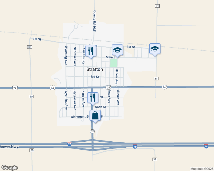 map of restaurants, bars, coffee shops, grocery stores, and more near 438 Iowa Avenue in Stratton