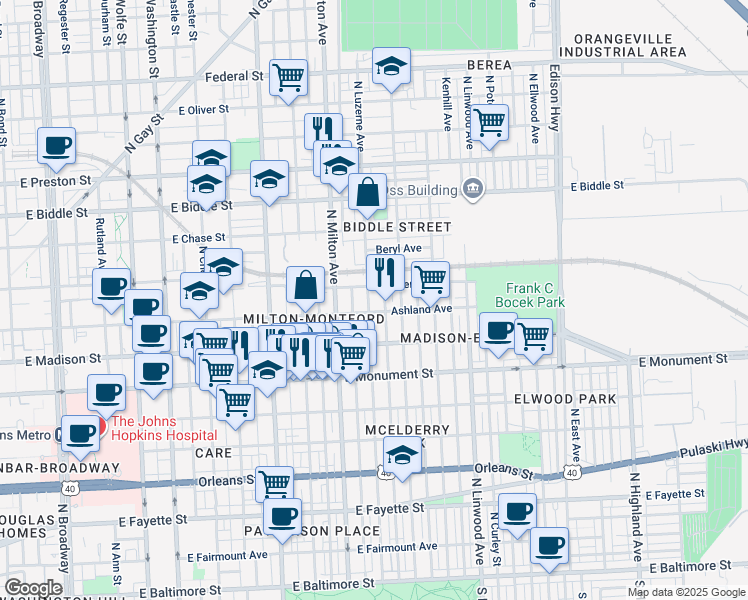 map of restaurants, bars, coffee shops, grocery stores, and more near 917 North Luzerne Avenue in Baltimore