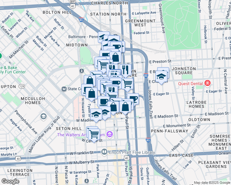 map of restaurants, bars, coffee shops, grocery stores, and more near 1009 North Charles Street in Baltimore