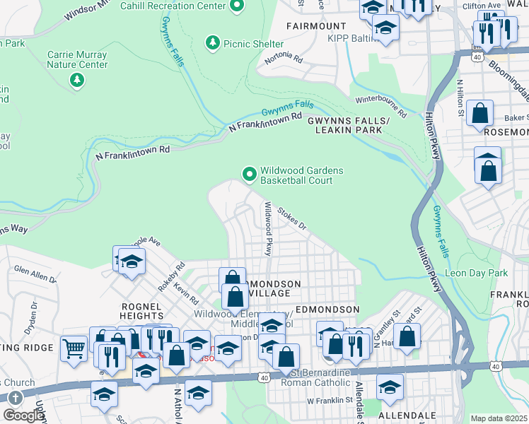 map of restaurants, bars, coffee shops, grocery stores, and more near 1306 Wildwood Parkway in Baltimore
