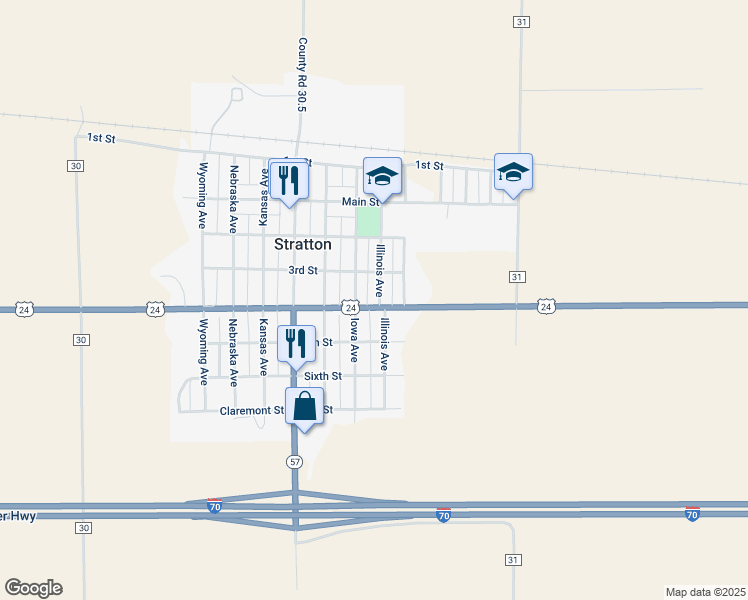 map of restaurants, bars, coffee shops, grocery stores, and more near 426 Illinois Avenue in Stratton