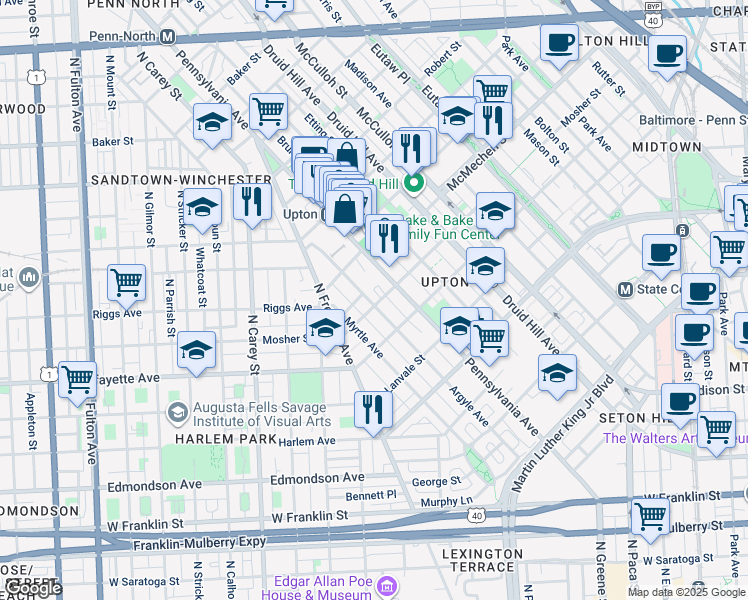 map of restaurants, bars, coffee shops, grocery stores, and more near 1503 Argyle Avenue in Baltimore