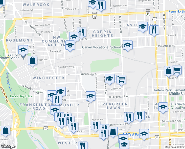 map of restaurants, bars, coffee shops, grocery stores, and more near Winchester Street in Baltimore