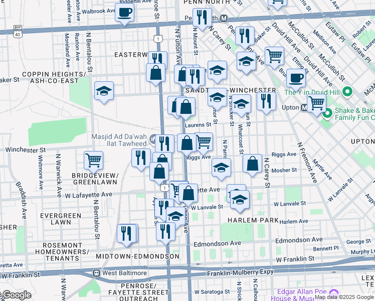 map of restaurants, bars, coffee shops, grocery stores, and more near 1119 North Fulton Avenue in Baltimore