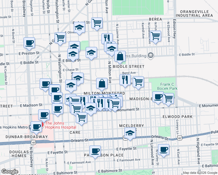 map of restaurants, bars, coffee shops, grocery stores, and more near 912 North Milton Avenue in Baltimore