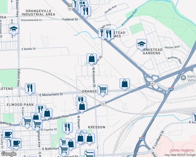 map of restaurants, bars, coffee shops, grocery stores, and more near 801 North Kresson Street in Baltimore