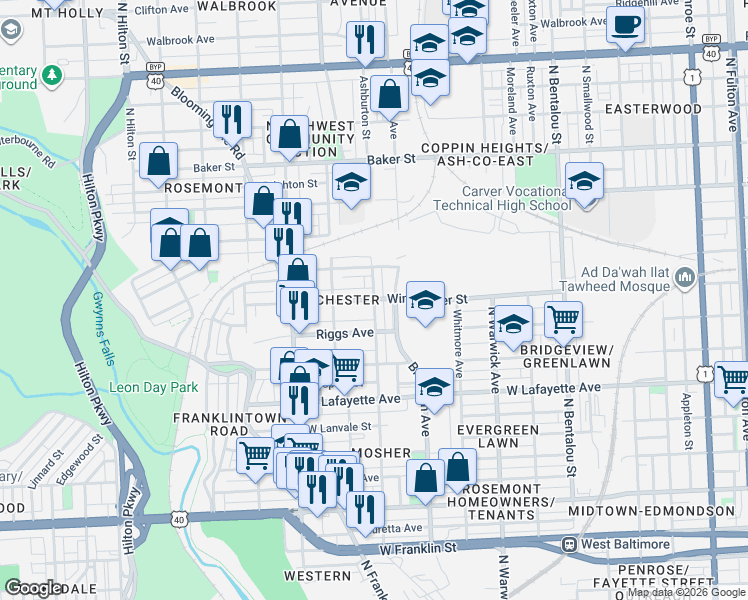 map of restaurants, bars, coffee shops, grocery stores, and more near Winchester St & Ashburton St in Baltimore