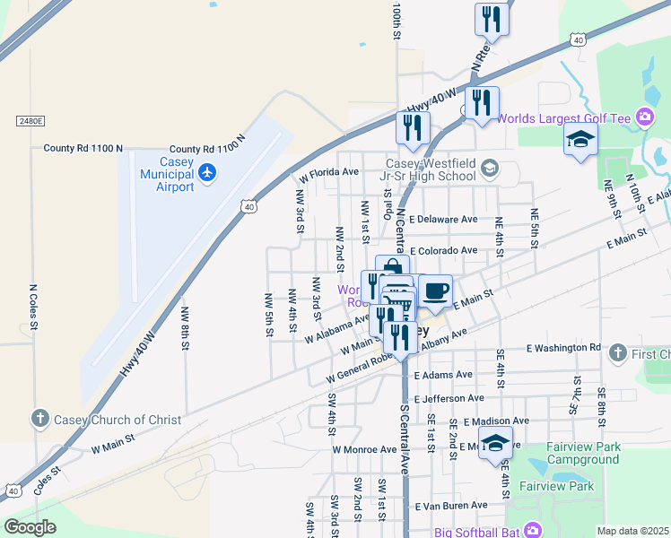 map of restaurants, bars, coffee shops, grocery stores, and more near 301 Northwest 2nd Street in Casey