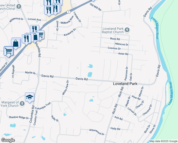 map of restaurants, bars, coffee shops, grocery stores, and more near 9655 Davis Road in Loveland