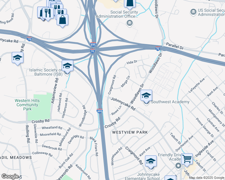 map of restaurants, bars, coffee shops, grocery stores, and more near 6404 Craigmont Road in Woodlawn