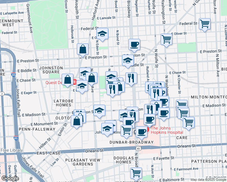 map of restaurants, bars, coffee shops, grocery stores, and more near 1501 East Eager Street in Baltimore