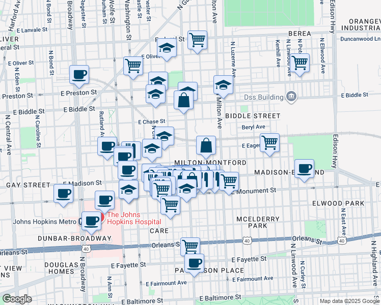 map of restaurants, bars, coffee shops, grocery stores, and more near 927 North Patterson Park Avenue in Baltimore