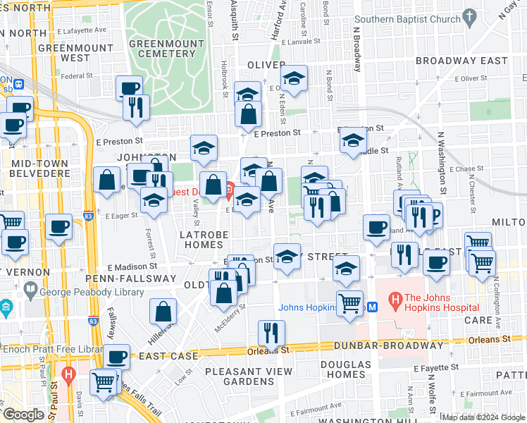 map of restaurants, bars, coffee shops, grocery stores, and more near 1235 East Eager Street in Baltimore