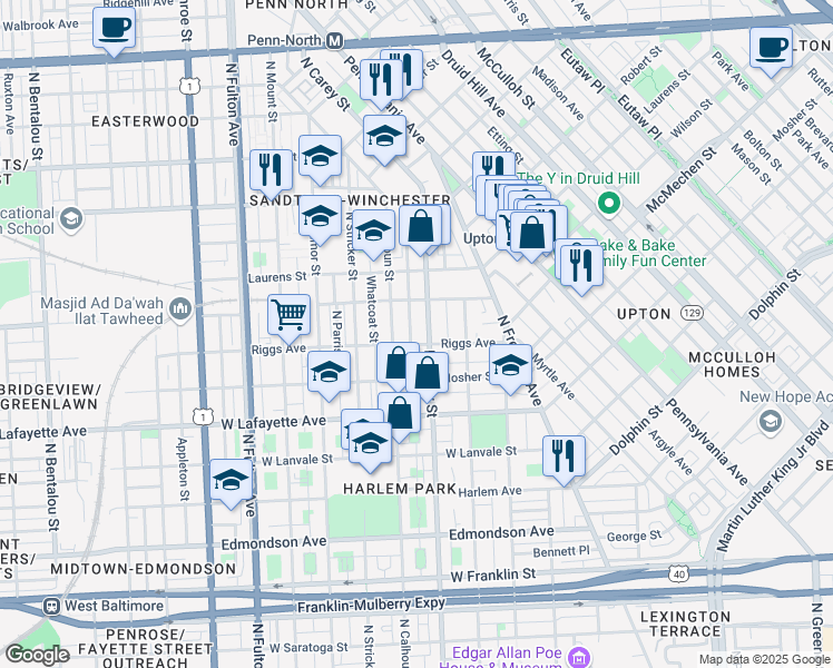 map of restaurants, bars, coffee shops, grocery stores, and more near 1101 North Woodyear Street in Baltimore