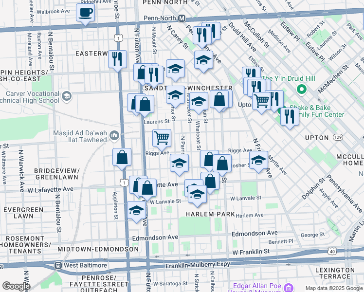 map of restaurants, bars, coffee shops, grocery stores, and more near 1102 North Parrish Street in Baltimore