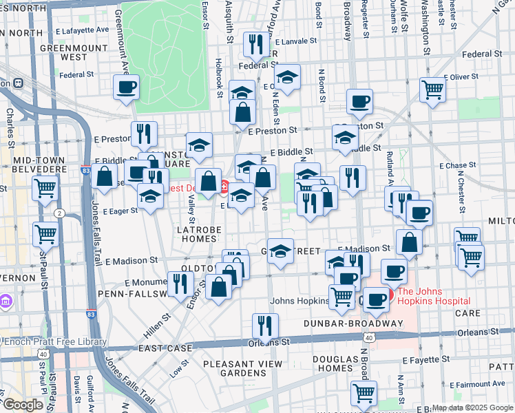 map of restaurants, bars, coffee shops, grocery stores, and more near 1235 East Eager Street in Baltimore