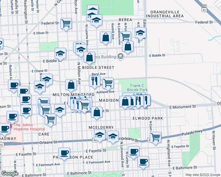 map of restaurants, bars, coffee shops, grocery stores, and more near 901 North Kenwood Avenue in Baltimore