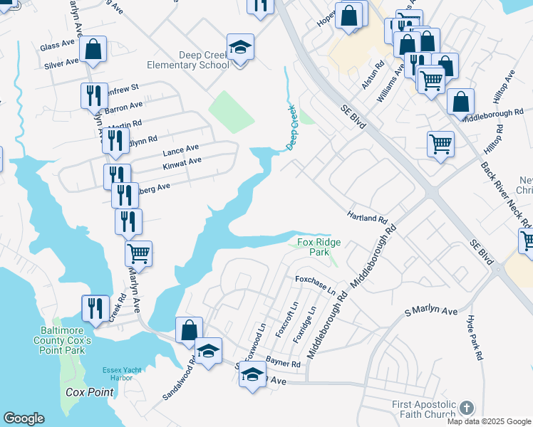map of restaurants, bars, coffee shops, grocery stores, and more near 1258 Sugarwood Circle in Essex