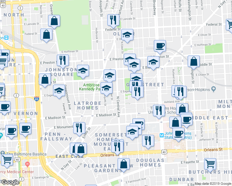 map of restaurants, bars, coffee shops, grocery stores, and more near 1247 East Eager Street in Baltimore