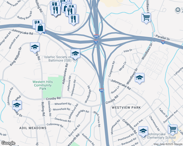 map of restaurants, bars, coffee shops, grocery stores, and more near 6603 Johnnycake Road in Catonsville