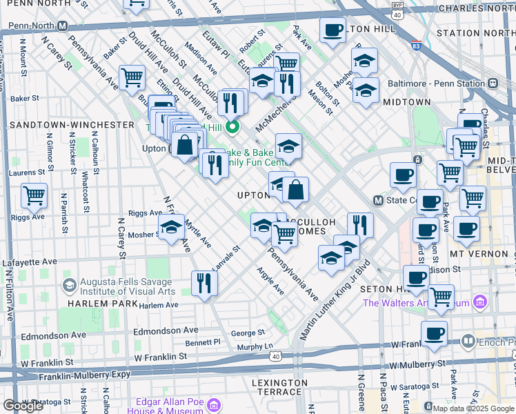 map of restaurants, bars, coffee shops, grocery stores, and more near 1328 Division Street in Baltimore
