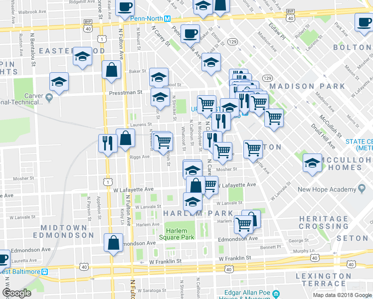 map of restaurants, bars, coffee shops, grocery stores, and more near 1103 Whatcoat Street in Baltimore