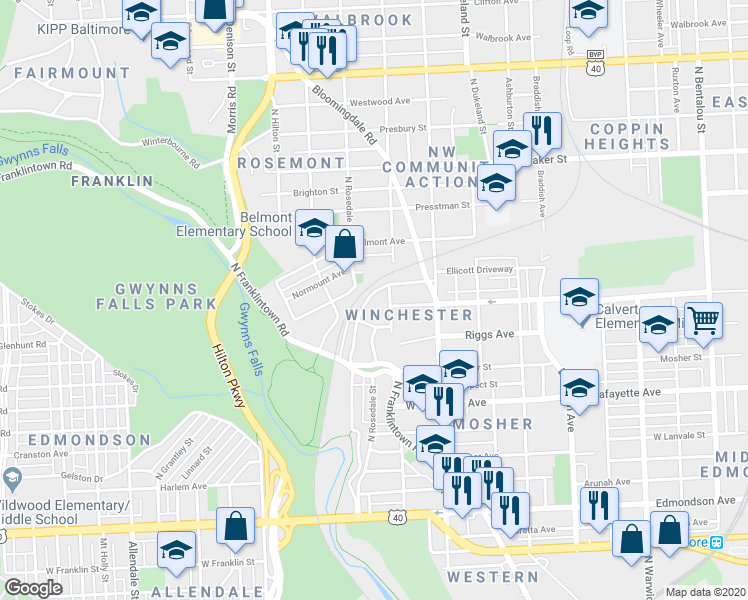 map of restaurants, bars, coffee shops, grocery stores, and more near 1137 Ellicott Driveway in Baltimore