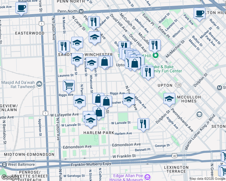 map of restaurants, bars, coffee shops, grocery stores, and more near 1103 North Stockton Street in Baltimore