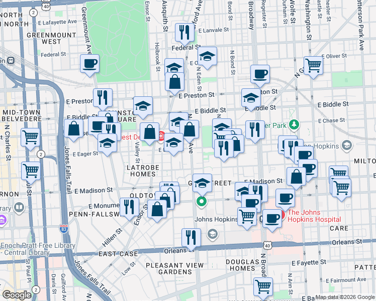 map of restaurants, bars, coffee shops, grocery stores, and more near 1245 East Eager Street in Baltimore
