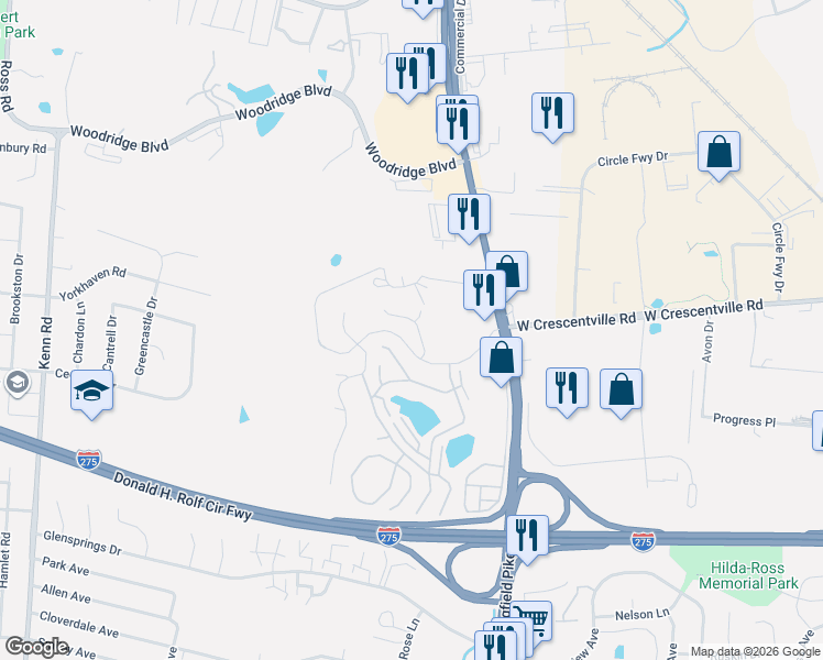 map of restaurants, bars, coffee shops, grocery stores, and more near 12153 Peak Drive in Cincinnati
