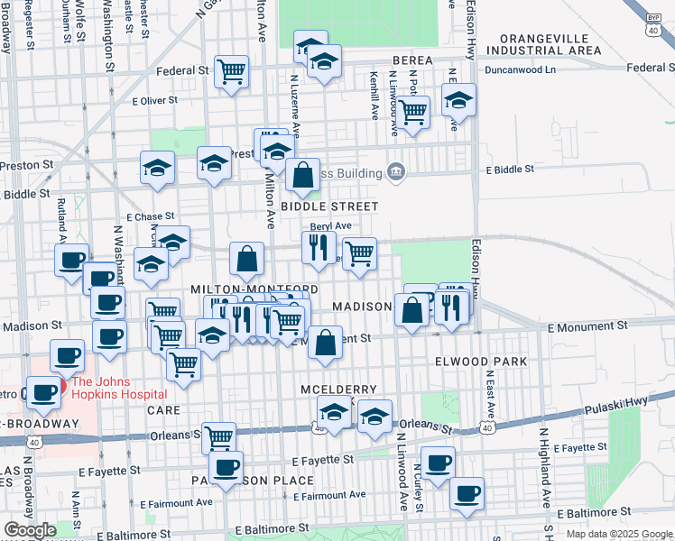 map of restaurants, bars, coffee shops, grocery stores, and more near 905 North Lakewood Avenue in Baltimore