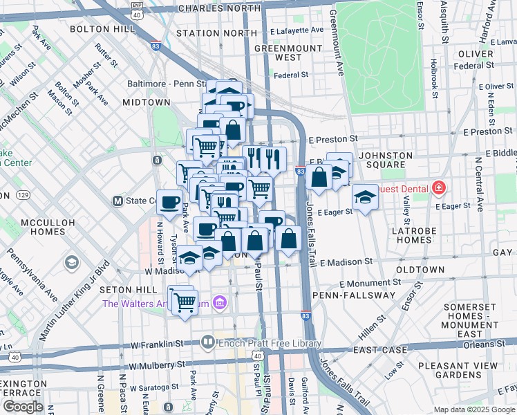 map of restaurants, bars, coffee shops, grocery stores, and more near 1011 Saint Paul Street in Baltimore