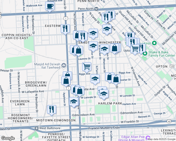 map of restaurants, bars, coffee shops, grocery stores, and more near 1136 North Vincent Street in Baltimore