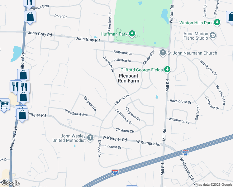 map of restaurants, bars, coffee shops, grocery stores, and more near 11959 Elkwood Drive in Cincinnati