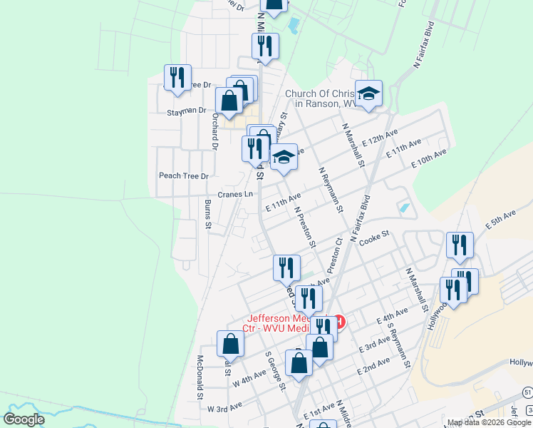 map of restaurants, bars, coffee shops, grocery stores, and more near 100 East 11th Avenue in Ranson