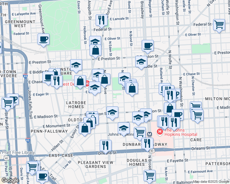 map of restaurants, bars, coffee shops, grocery stores, and more near 1409 East Eager Street in Baltimore