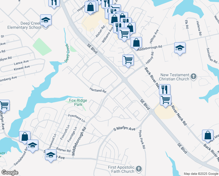 map of restaurants, bars, coffee shops, grocery stores, and more near 960 Ashbridge Drive in Essex