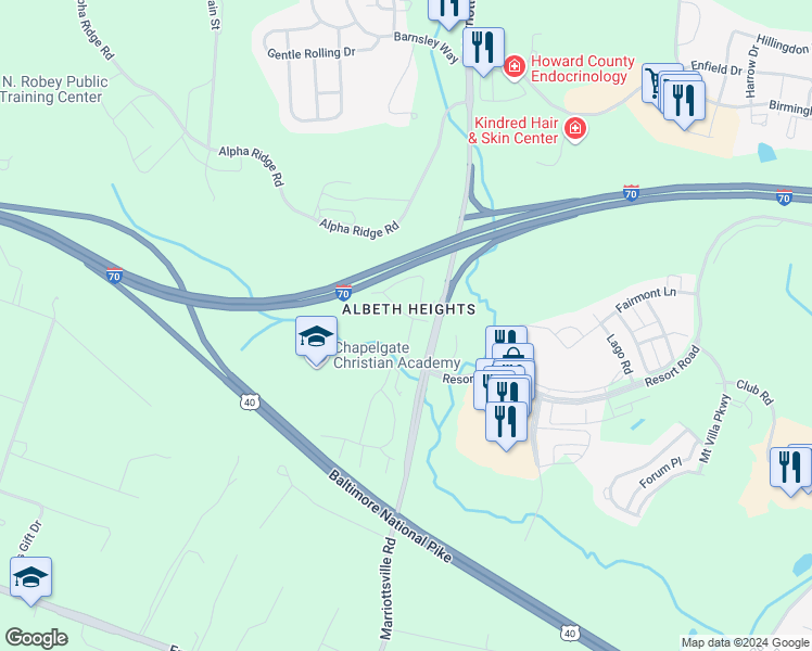 map of restaurants, bars, coffee shops, grocery stores, and more near 11207 Albeth Road in Marriottsville
