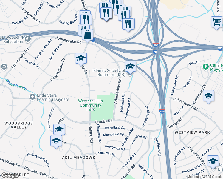 map of restaurants, bars, coffee shops, grocery stores, and more near 6 Halfpenny Lane in Catonsville