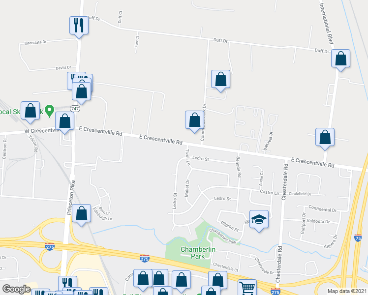 map of restaurants, bars, coffee shops, grocery stores, and more near 725 East Crescentville Road in Cincinnati