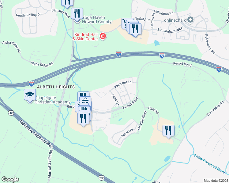 map of restaurants, bars, coffee shops, grocery stores, and more near 2706 Cheekwood Circle in Ellicott City