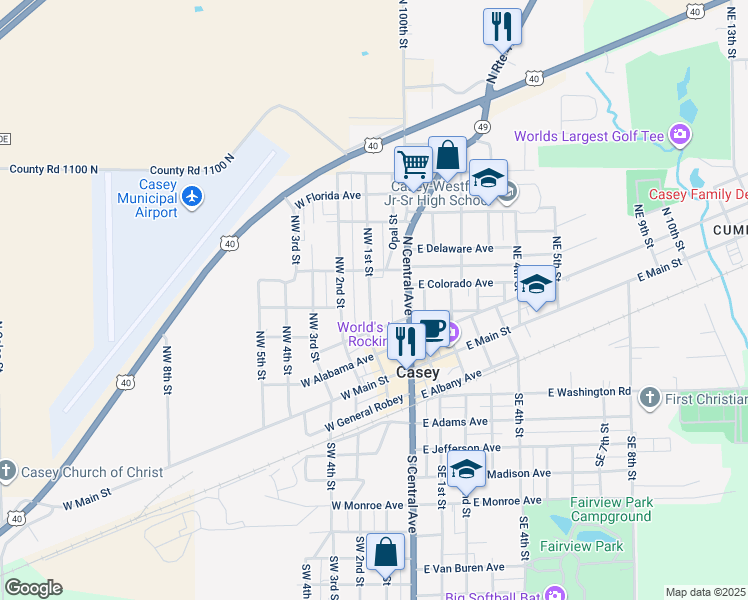 map of restaurants, bars, coffee shops, grocery stores, and more near 300 Northwest 1st Street in Casey