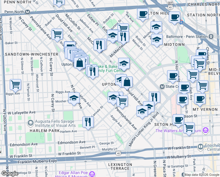 map of restaurants, bars, coffee shops, grocery stores, and more near 1334 Division Street in Baltimore